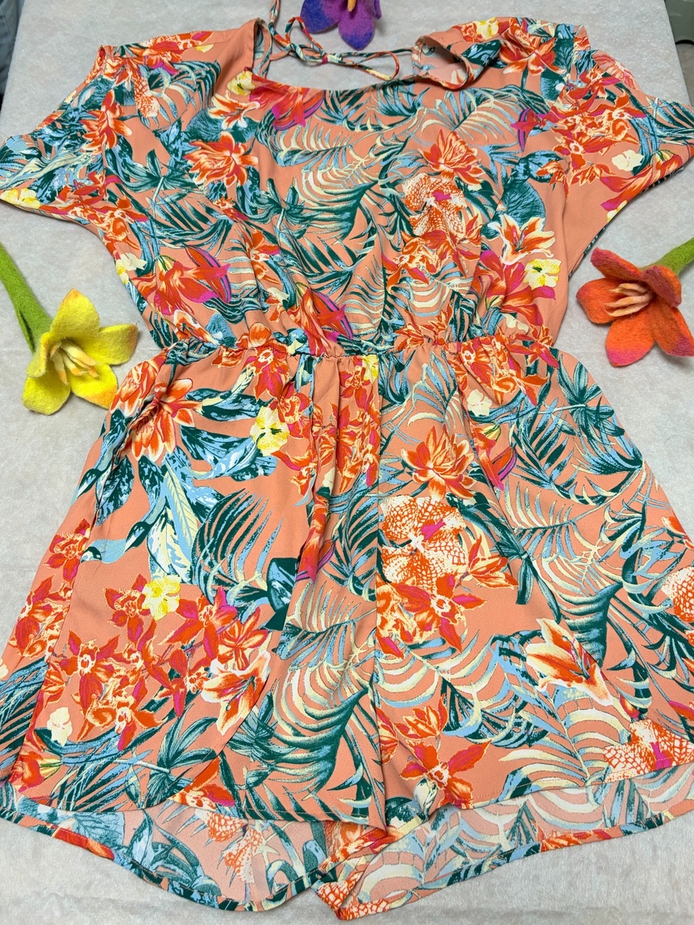 BCBGMaxAzria Peach Tropical Floral Romper